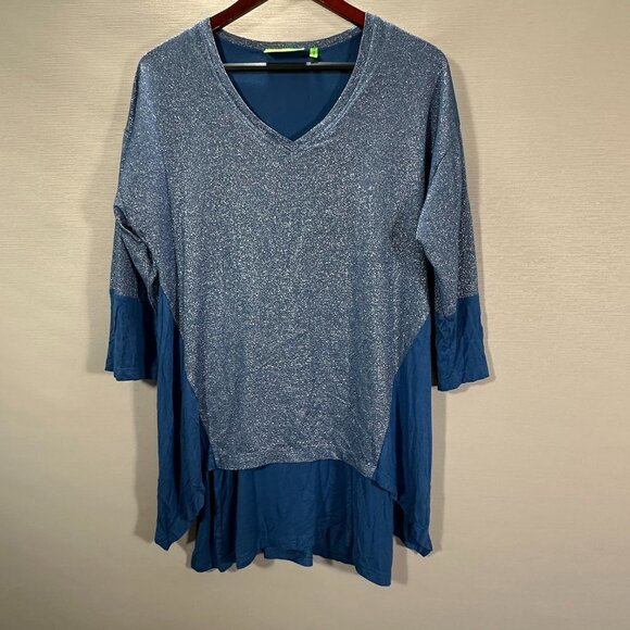 LOGO Lori Goldstein Womens Medium Tunic Top Blue Silver Metallic Sparkle - Picture 1 of 6